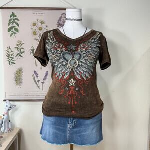 Vtg 90s Y2k Angel Wings Star Embellished Tee Grunge Trashy McBling Americana M